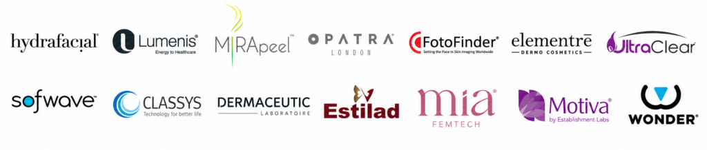 Hydrafacial, Lumenis, Mirapeel, Opatra, Fotofinder, elemtre, Ultraclear, Sofwave, Classys, Dermaceutic, Estilad Mia, Motiva, Mia, Wonder at Aesthetics Africa Limited